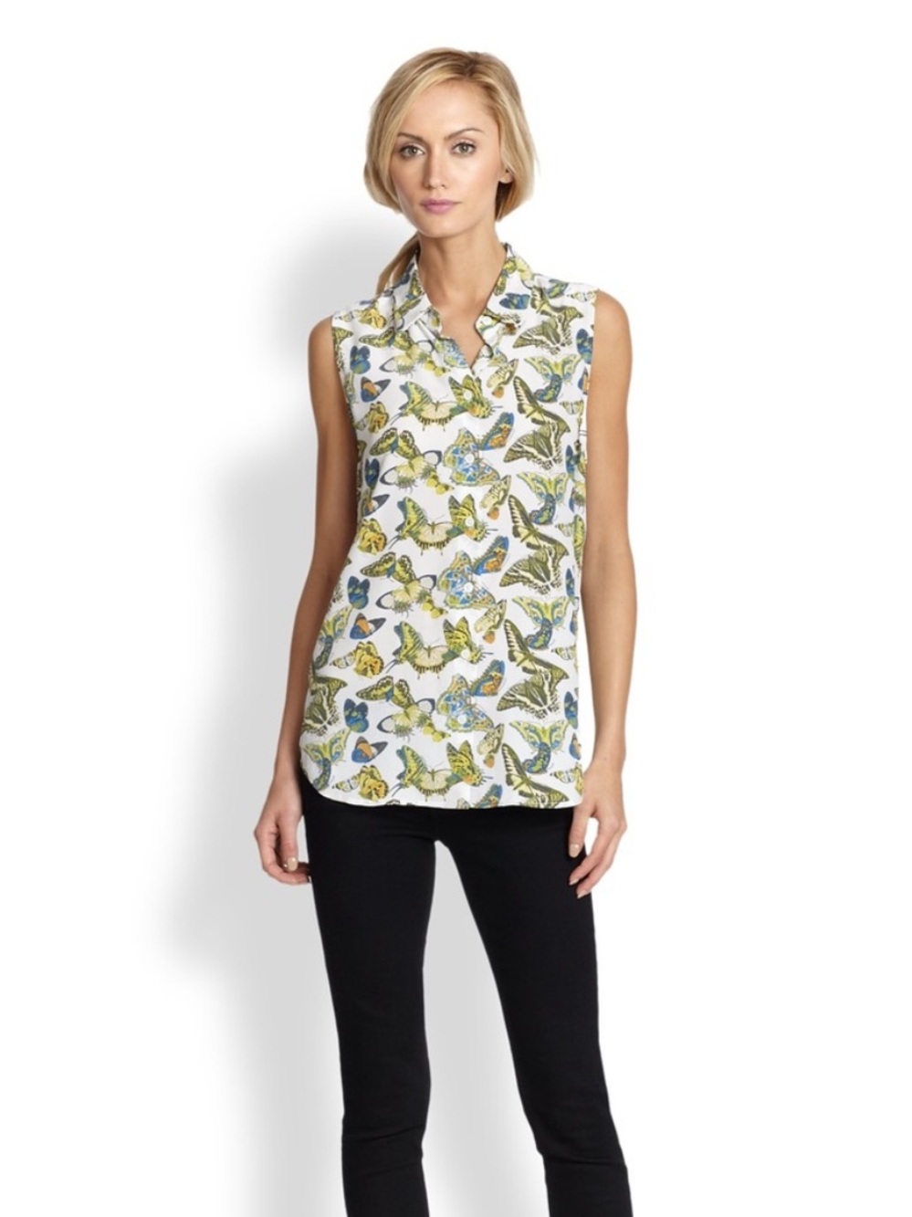 Equipment Femme 100% Silk Butterfly Button Up Sleeveless Top size Large